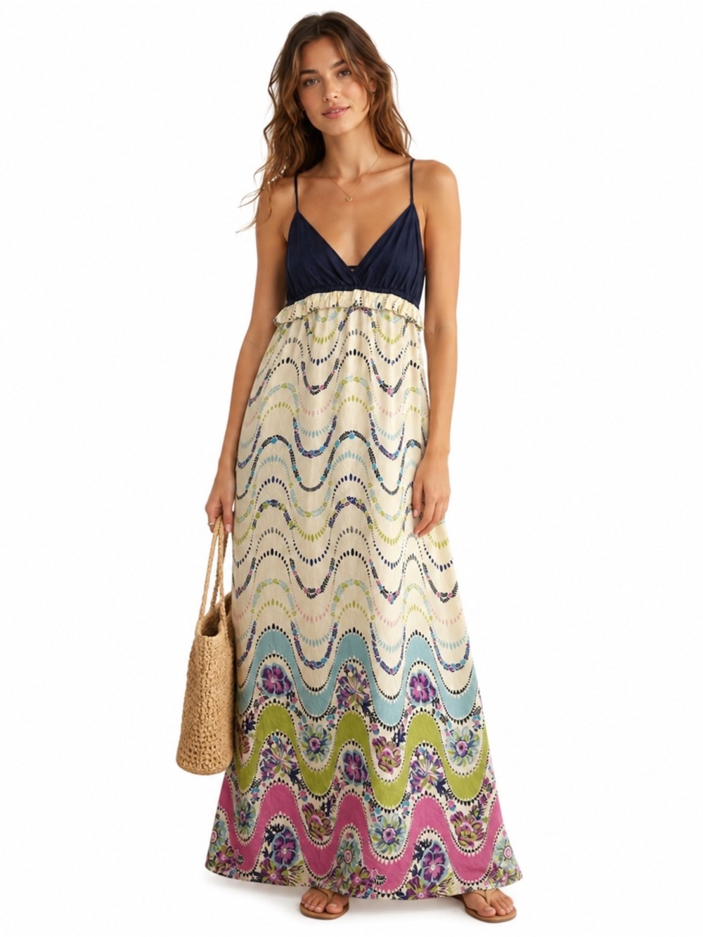 ANTHROPOLOGIE Mermaid 100% Silk Maxi Slip Dress Boho Coastal Floral Wave Print S
